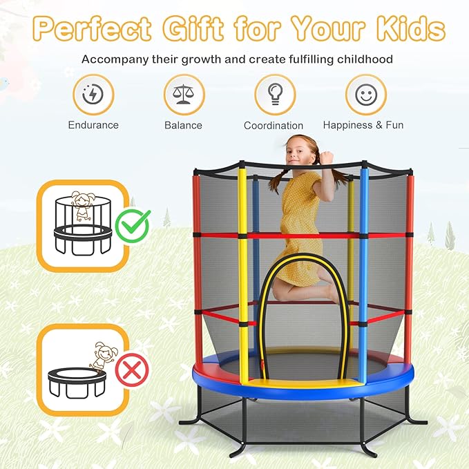 GYMAX Toddler Trampoline, 55” Trampoline for Kids with Bottom-to-Top All-Round Enclosure Net & Seamless Jumping Mat, ASTM Approved Easy Assembly Kids Mini Trampolines Indoor/Outdoor