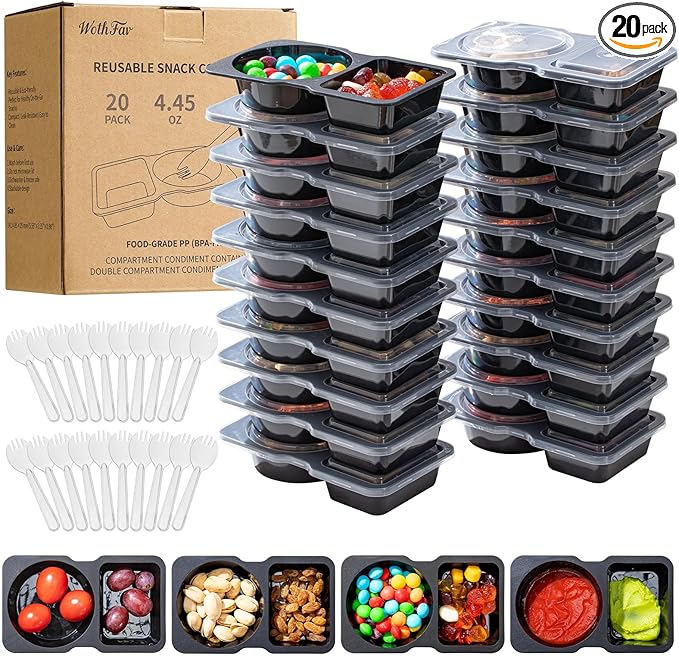 20 Sets Reusable Snack Containers with Lids & 20 Sporks – Double Compartment for Portion Control, BPA-Free Leak-Proof Dipping Containers for Meal Prep, Travel, and Outdoor Snacks (Black)