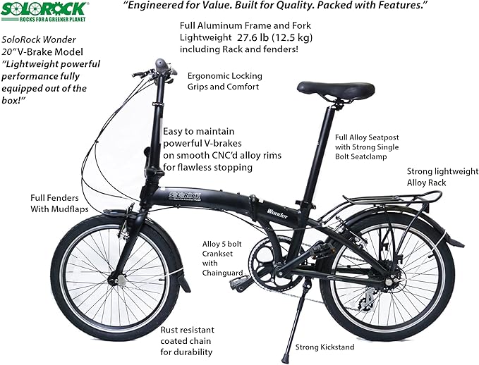SOLOROCK 20" 8 Speed Aluminum Folding Bike - Wonder V Brakes, with Fenders & Alloy Rear Rack, Stainless Steel Spokes & Stainless Steel Fender Stays