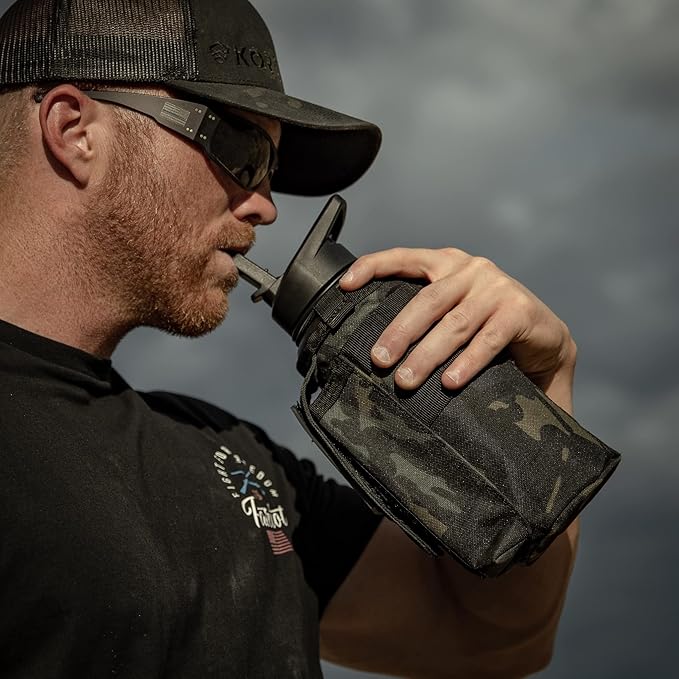 Iron Infidel Battle Bottle - 32 Oz Insulated Water Bottle with Straw Lid & Chug Cap, Stainless Steel Metal Tactical Flask With Rugged, Removable Sleeve for Keys & Phone or Wallet (Black Camo 1 Liter)