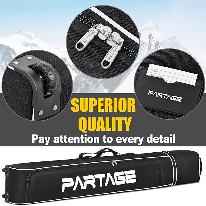 Partage Ski Bag - Ski Bag with Wheels Waterproof Ski Travel Bag Ski Boot Bag 600D Heavy Duty Oxford Fabric - Adjustable Length Up to 200cm Easy to Store and Transport Suitable for Men Women