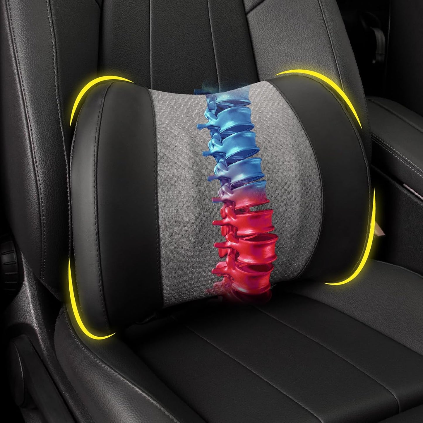 Lumbar Support Pillow for Car, Memory Foam Lumbar Pillow for Lower Back Pain Relief - Back Cushion for Driving, Chair Support for Car-Office Chair, Wheelchair - Black&Gray