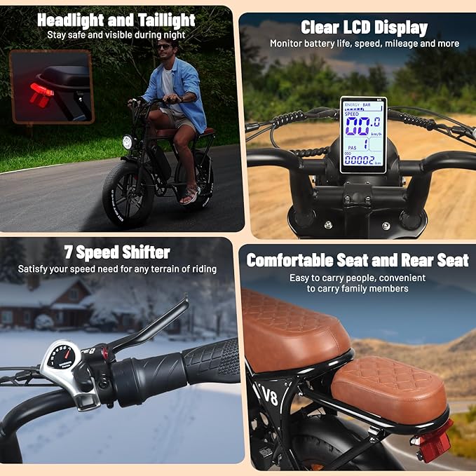 V8 Electric Bike for Adults, 20'' Fat Tire E Bike with Powerful Motor 48V 15Ah Removable Battery, 7-Speed Gears, 2 Seater E-Bike, Ebike Moped Style for Mountains, Snow, Sand, Road