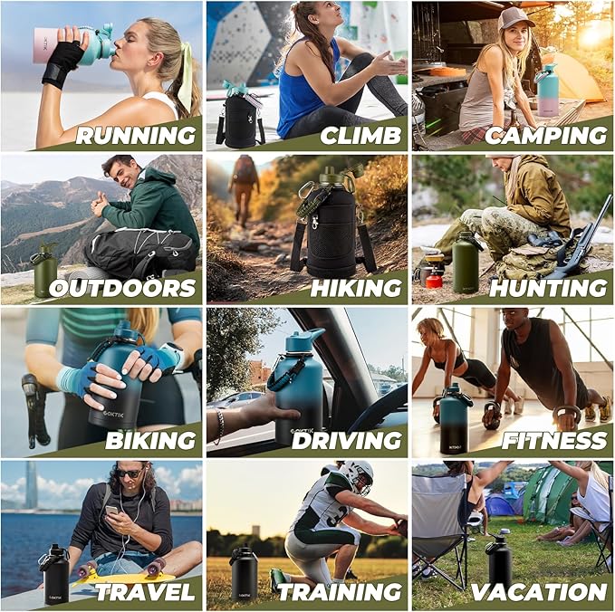 Half Gallon Insulated Water Bottle, 64 oz Triple Wall Stainless Steel Flask, Keeps Drinks Cold for 48 Hrs Leak-Proof & BPA-Free Half Gallon Jug with Paracord Handle, Straw & Spout Lids(Indigo Black)