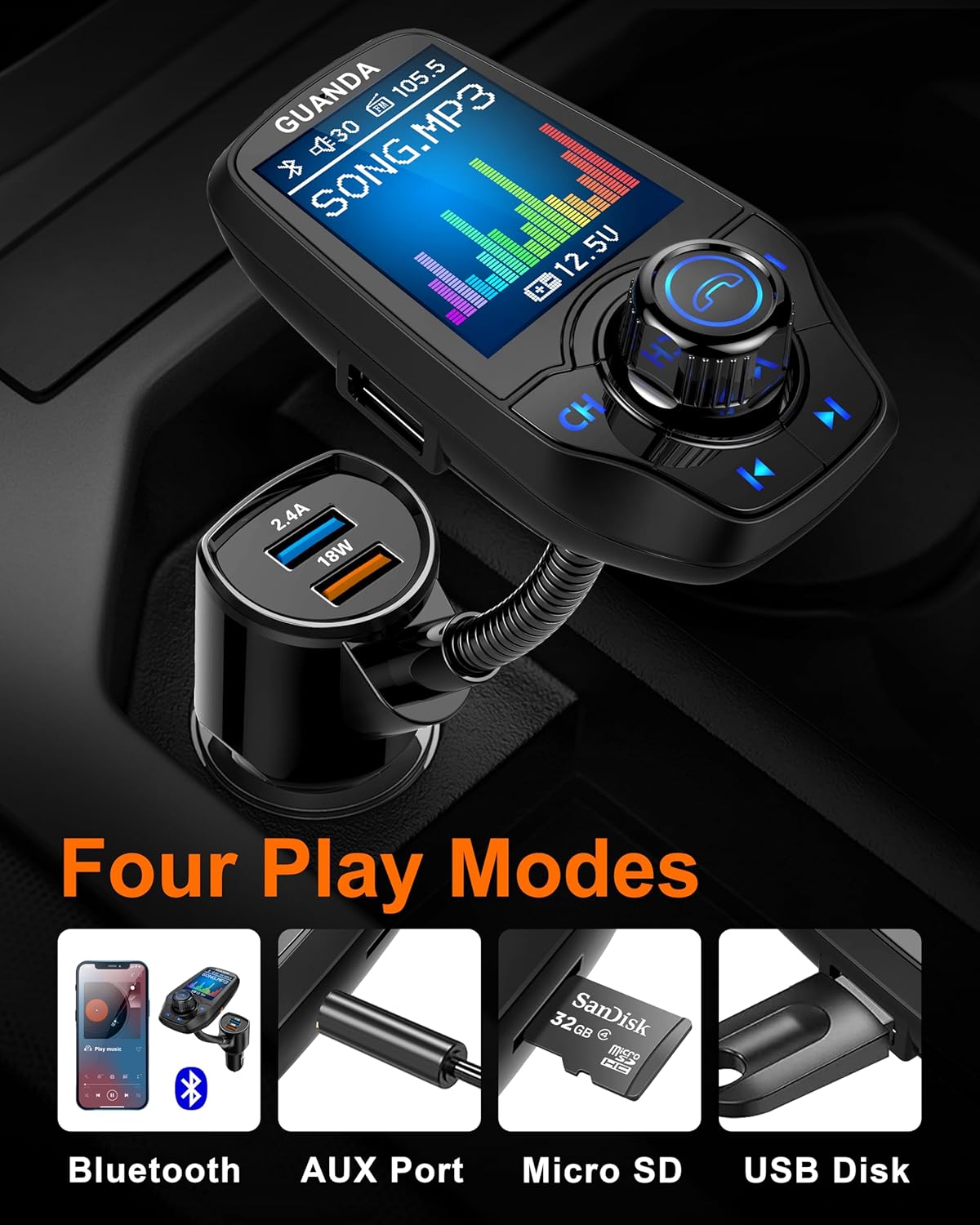 Upgraded Bluetooth FM Transmitter for Car, Wireless Radio Adapter Kit W 1.8" Color Display Hands-Free Call AUX in/Out SD/TF Card USB Fast Charge 18W for All Smartphones Audio Players - Matte Black