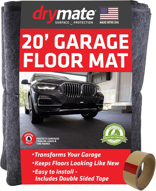 Drymate Garage Floor Mat, (20' x 7'4"), Protects Surfaces, Transforms Garage, Absorbent, Waterproof, Durable (USA Made) (Charcoal) (Includes Double Sided Tape)