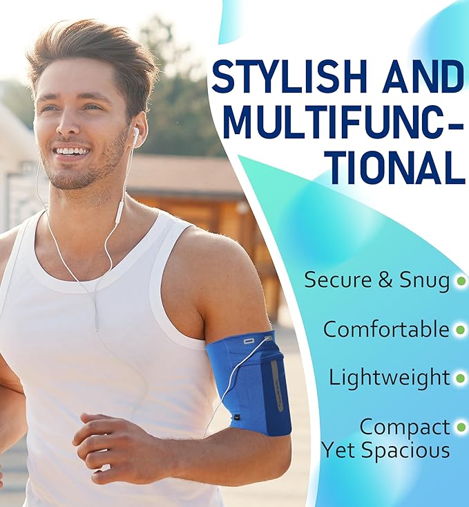 HiRui Running Armband Sleeve Universal Sports Armband Cell Phone Holder Armband for Exercise Workout, Compatible with iPhone 16/15/14/13/Plus/Pro Samsung Galaxy All Phones (L, Blue)