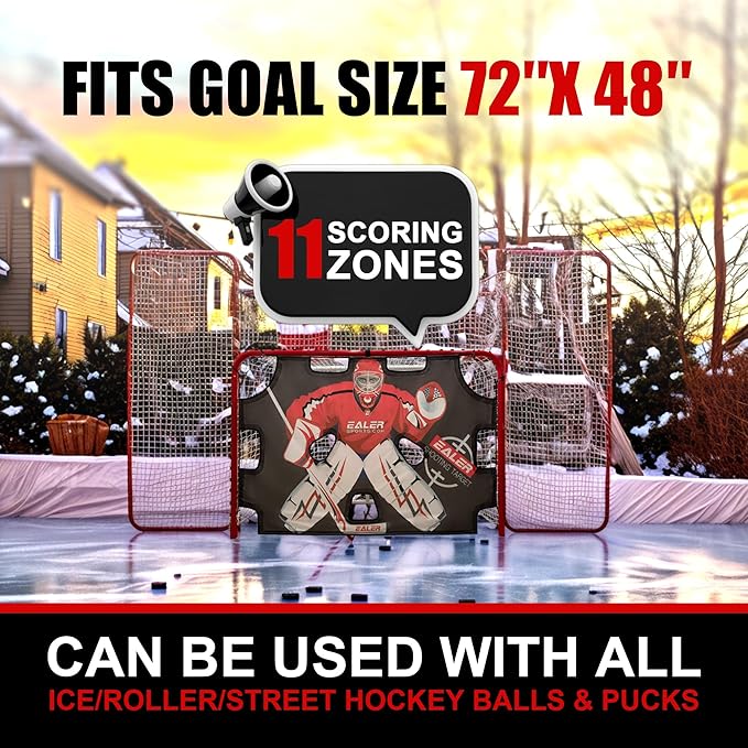 EALER Hockey Goal with Shooting Targets – 6′×4′ Portable Street & Ice Goal, Heavy-Duty 2″ Steel Frame, 11 Target Holes, Tear-Proof Fabric, Official Size, Easy Backyard Assembly