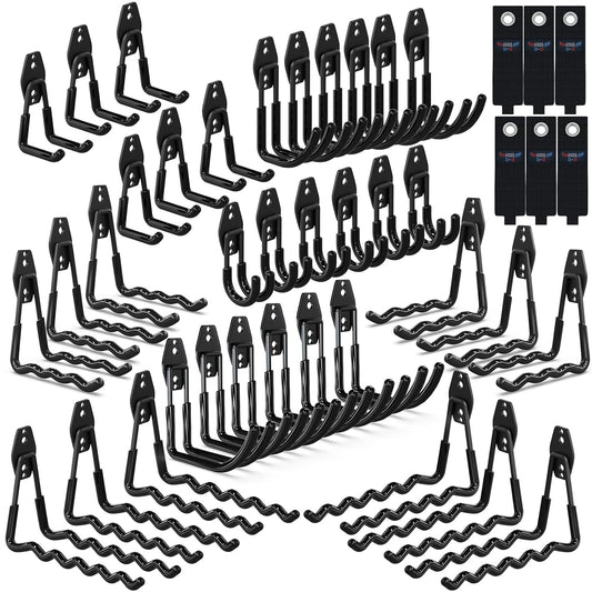 3-H Garage Wall Hooks 42 Pack, Heavy Duty Garage Hooks with Extra Welding Spots, Wall Mount Storage Organizer for Hanging Garden Lawn Tools, Ladder, Bike, WeedEater, Chair, Shovel, Blower (Black)