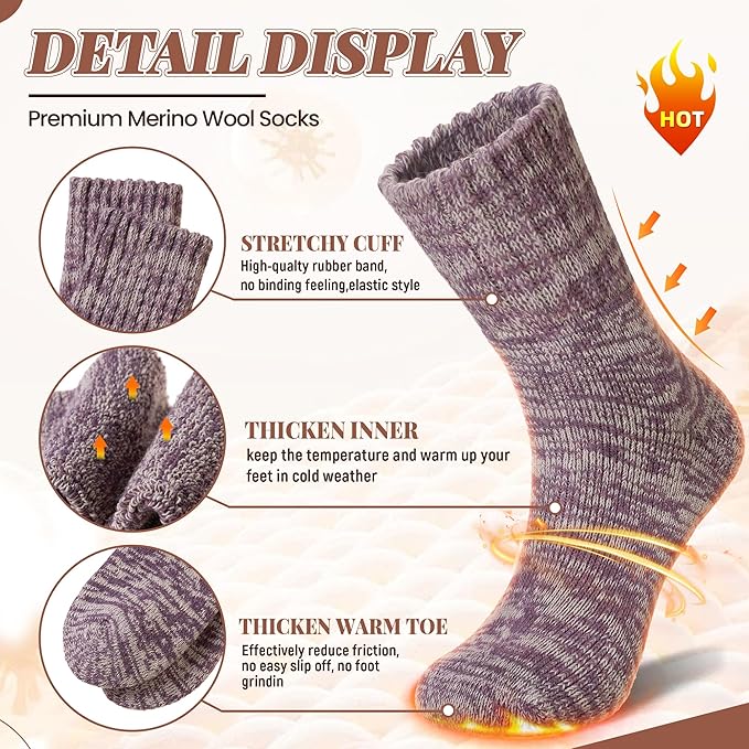 Merino Wool Boot Socks Thermal Winter Ski Thick Warm Hiking Socks for Women Men 3 Pairs