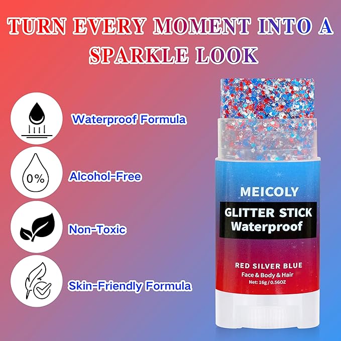 MEICOLY Red White and Blue Face Body Glitter Stick,Hair Glitter Stick for Kids Women,Sparkle Patriotic Pride Chunky Glitter Makeup,4th of July Accessories Outfits for Women