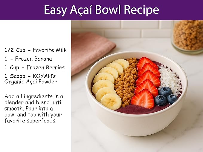 KOYAH - Organic Acai Powder (150g - 50 Servings): Brazil Grown, Freeze-Dried, 100% Pure, No Citric Acid Added, Great in Smoothies and Bowls