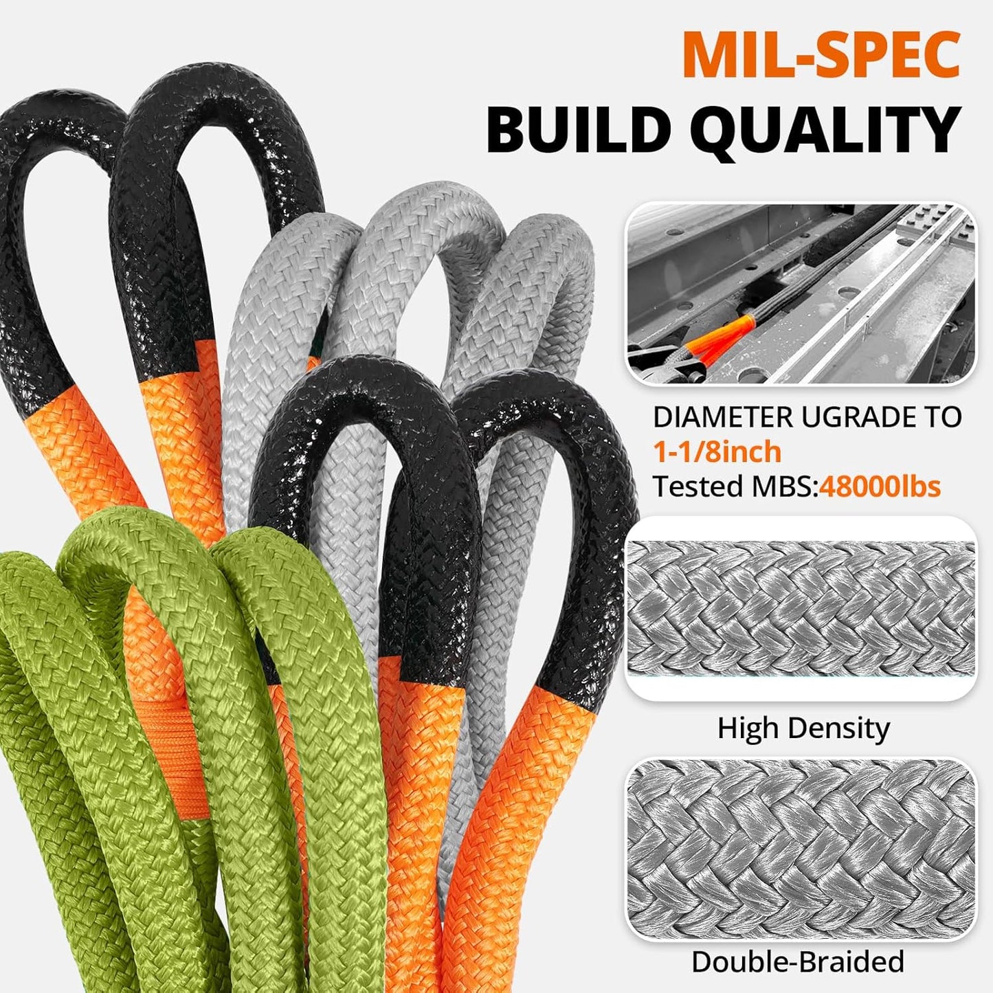 Kinetic Recovery Tow Rope 1-1/8" x30ft Offroad Snatch Strap 48000lbs Heavy Duty Towing Straps Kit for Trucks SUV UTV ATV Tractor Car Jeep - Gray