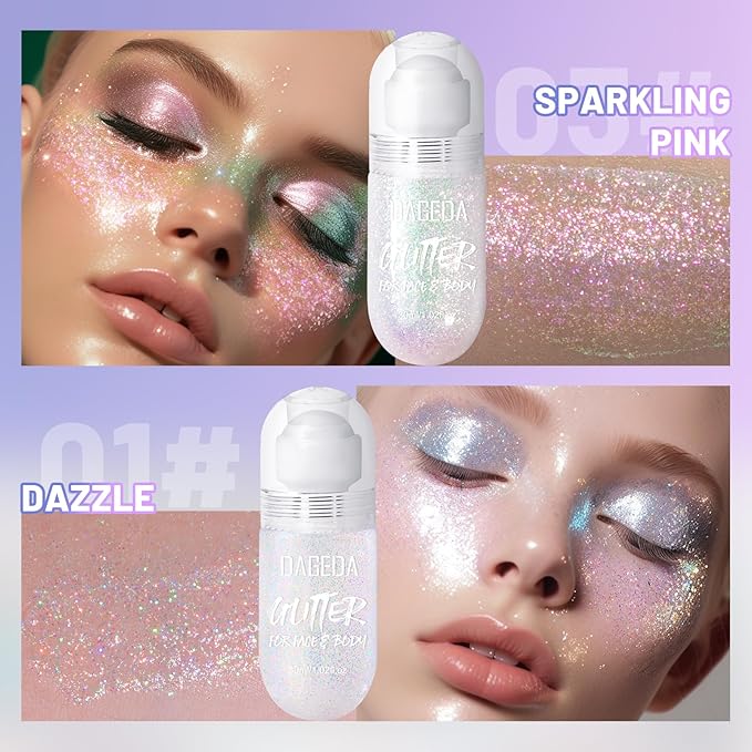 DAGEDA 2Colors Roll-on Body Glitter Gel for Body, Hair, Face, Holographic Glitter Makeup for Rave Accessories, Body Shimmer Hair Glitter Gel for Halloween Makeup(Dazzle + Sprakling Pink)