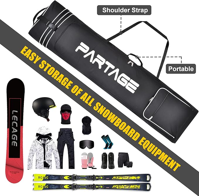 Partage Snowboard Bag with Wheels, Snowboard Bag for Air Travel, Adjustable Length Up to 170 cm, 600D Water Resistant Oxford -Black