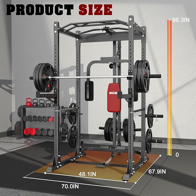 BEKING Power Cage, 2000LBS Power Squat Rack with LAT Pulldown, 2.36" ×2.36" Multi-Functional Squat Cage with Pulley System and More Training Attachments for Home Gym