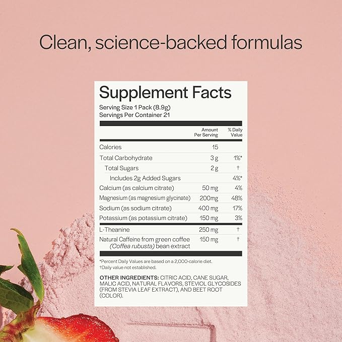 Gainful Hydration + Caffeine Powder Packets with Key Electrolytes Magnesium & Sodium + L Theanine, Low Sugar Drink Mix, Strawberry Lemonade, 21 Sticks