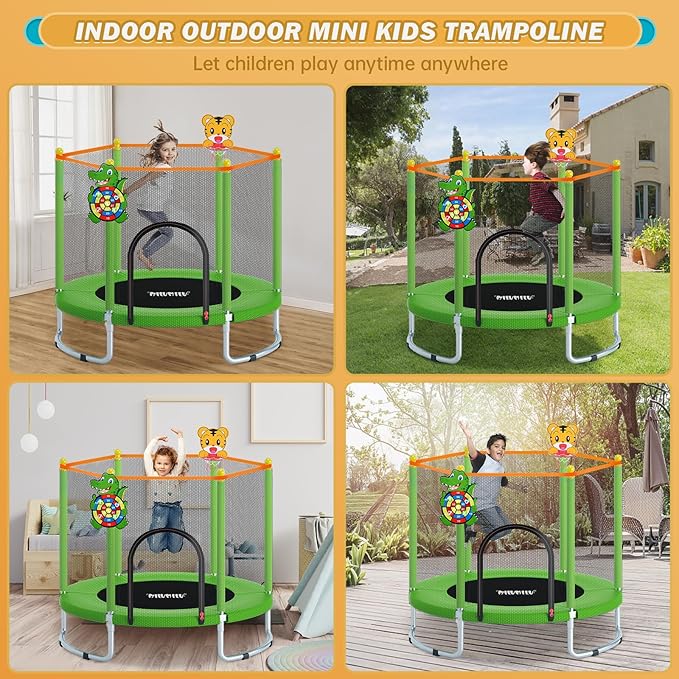 60" Indoor Outdoor Trampoline for Kids,MILUMILU Mini Baby Trampoline with Safety Enclosure Net, Basketball Hoop, Jumping Mat - Birthday Gifts for Children Boy Girl.