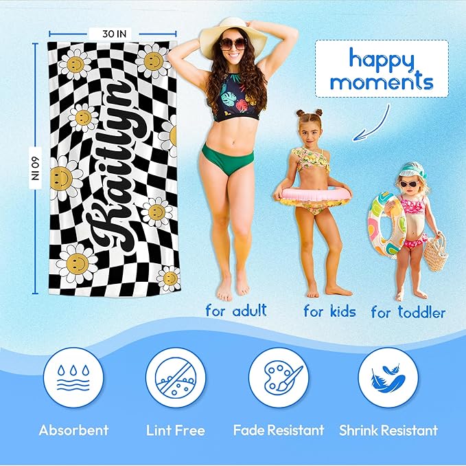 JML Personalized Beach Towel with Name, Custom Flower Beach Towel, Customized Microfiber Pool Towel, Quick Dry & Absorbent Swim Towel for Adult,Mother's Day, Birthday, Summer Holiday,Vacation