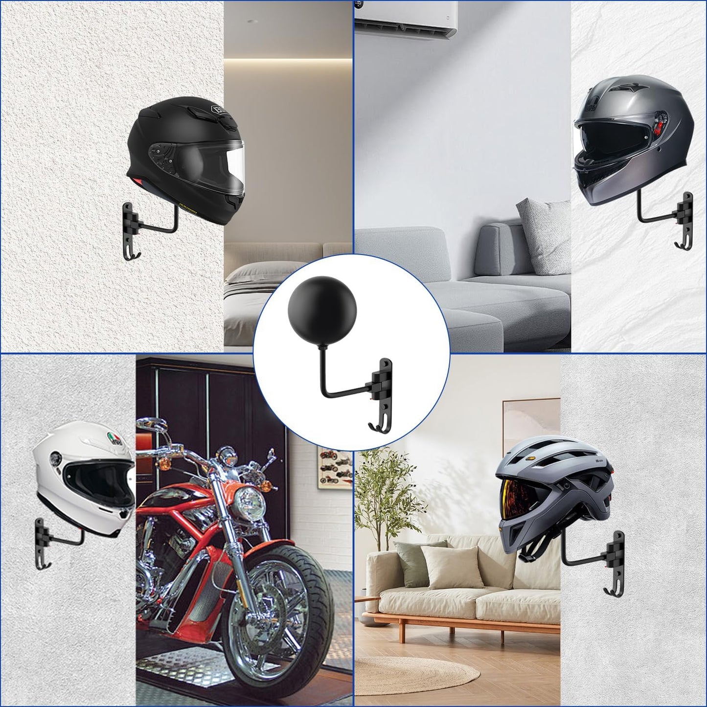 aiGear Motorcycle Helmet Holder, 180°Rotatable Motorcycle Helmet Rack with Double Hooks, Space Aluminum Motorcycle Helmet Holder Wall Mount for Motorcycle Bike Coats, Baseballs, Rugby Helmet (2 Pack)