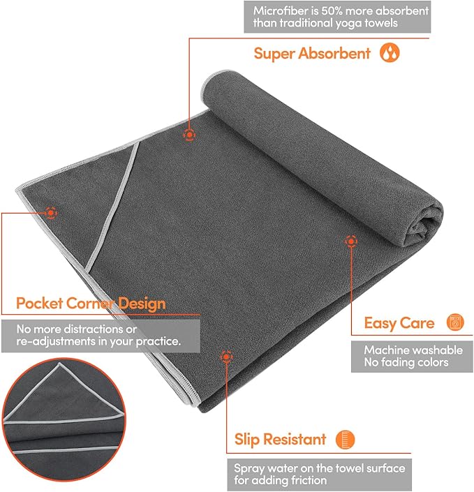 IUGA Yoga Towel for Hot Yoga Non Slip Extra Thick Yoga Mat Towel + Hand Towel 2in1 Set with Corner Pockets Super Absorbent and Quick Dry Hot Yoga Towel
