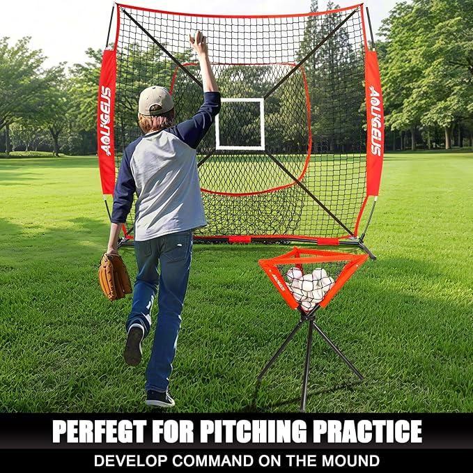 6'X6' Baseball Softball Practice Net with Batting Tee and Ball Caddy, Bonus Strike Zone Target and Bow Frame, for Hitting, Pitching, Catching