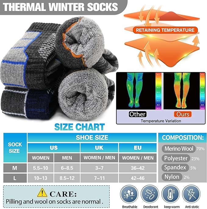 Anlisim 3 Pairs Unisex Merino Wool Ski Thermal Warm Thick Knee High Long Socks