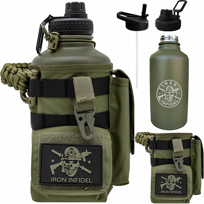 Iron Infidel Battle Bottle - Half Gallon Insulated Water Bottle with Paracord Handle, Large 64 oz Stainless Steel Water Jug with Rugged, Removable Sleeve for Keys, Wallet & Phone (Gangrene 2L)