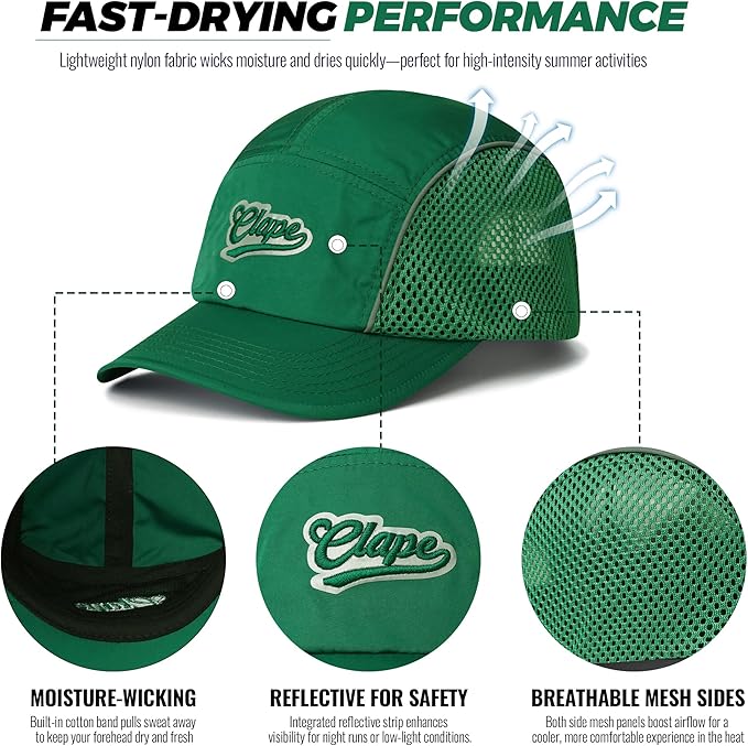 CLAPE Quick Dry 5 Panel Hat for Men, Breathable Mesh Short Brim Baseball Cap, Reflective Ajustable Outdoor Sport Running Hat