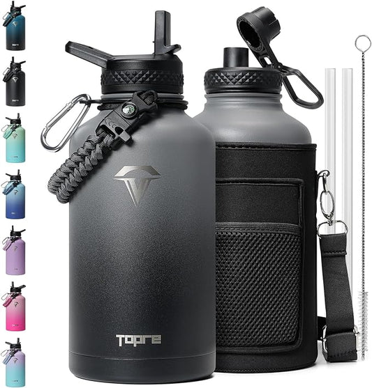 64 oz Insulated Water Bottle,Half Gallon Water Flask Stainless Steel Vacuum, Cold for 48 Hrs,BPA-Free & Leakproof -with Paracord Handle, Strap,Straw Spout Lids,Large Jug for Gym,Grey