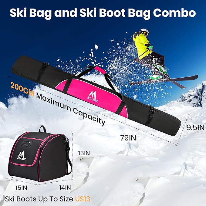 Ski Bag and Ski Boot Bag Combo-Padding Skis Bag for Air Travel,Water Proof Ski Boot Bag Fits for Skis Up to 200 CM and Boots Up To Size US13,Adults Ski Travel Bag