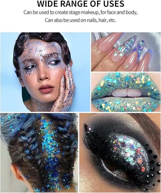 MEICOLY Green Face Body Glitter,Alien Glitter Makeup,Mermaid Sequins Glitter Face Paint,Face Hair Party Festival Chunky Glitter Makeup