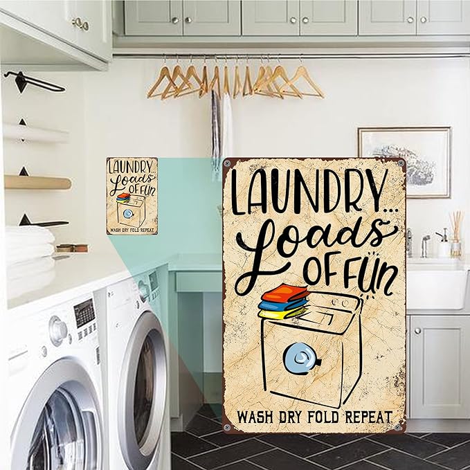 Gocolt Fun Laundry Sign - Vintage Home Decor Unique Accessory Tin Painting Signs - Fits Wall Mounts - Wash-Dry-Fold-Repeat 12x8 Inch