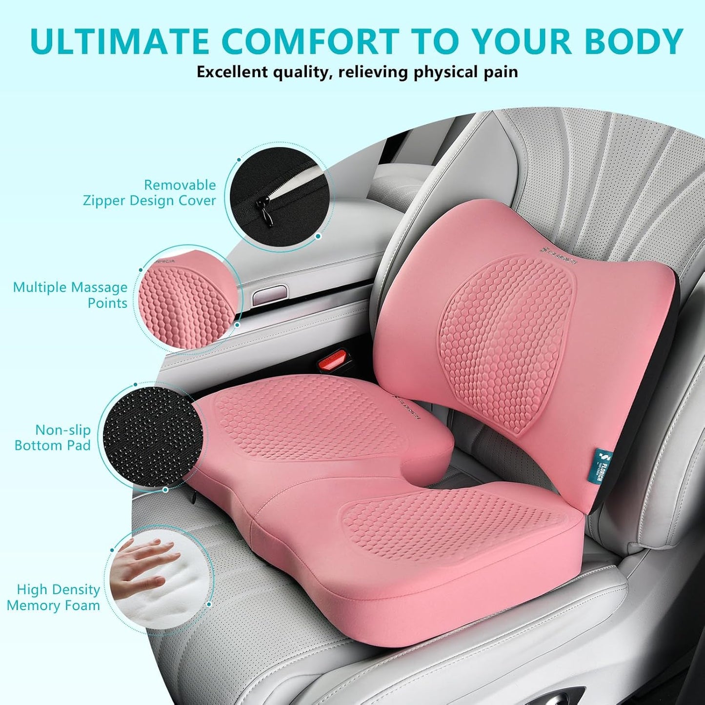 FLORICH Car Seat Cushion and Back Support for Office Chair Memory Foam Chair Cushions Pressure Relief Seat Pads with Gel Massage Point Lumbar Support(Pink)