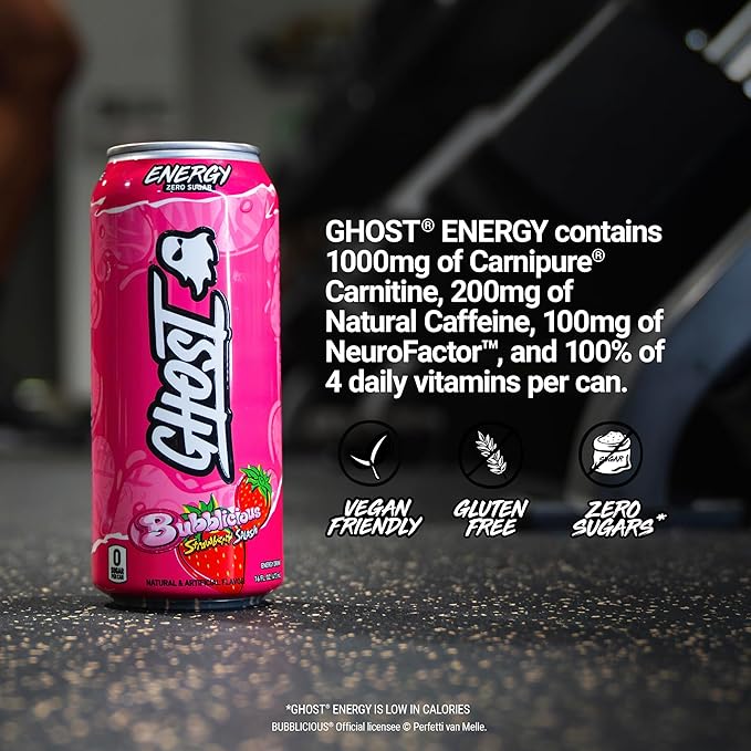 GHOST Energy Drink - 12-Pack, Bubblicious Strawberry Splash, 16oz Cans - Energy & Focus, No Artificial Colors - 200mg of Natural Caffeine, L-Carnitine & Taurine - Gluten-Free & Vegan