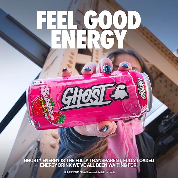 GHOST Energy Drink - 12-Pack, Bubblicious Strawberry Splash, 16oz Cans - Energy & Focus, No Artificial Colors - 200mg of Natural Caffeine, L-Carnitine & Taurine - Gluten-Free & Vegan