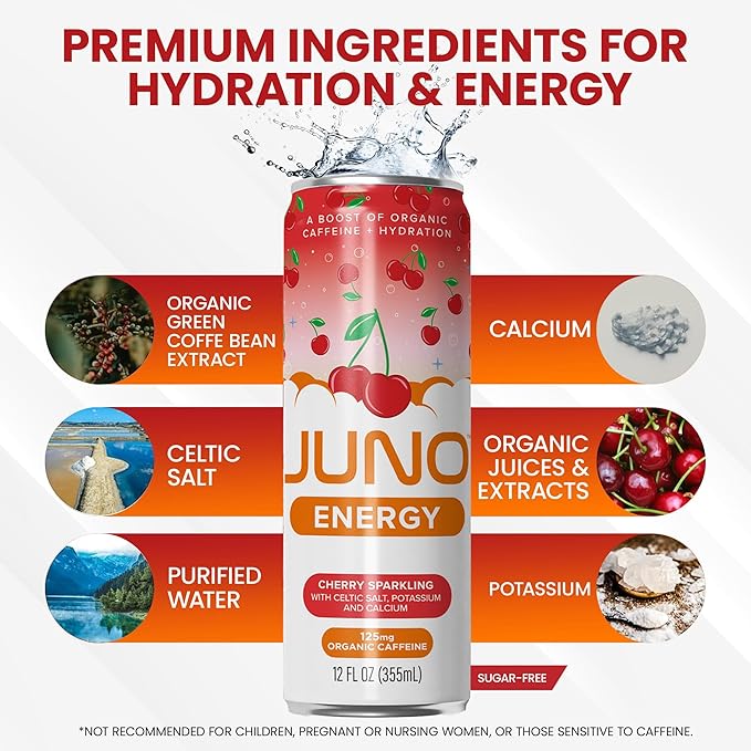 JUNO ENERGY Organic Cherry Sparkling Drink - Sugar Free Electrolytes, Energizing and Hydrating with 125mg Organic Caffeine from Green Coffee Beans, Organic Monk Fruit, Organic Sour and Black Cherry Juice & Electrolytes - Vegan, Gluten Free, 12 Pack