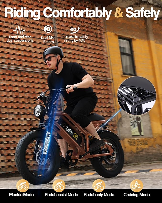 Qlife Electric Bike for Adults-1500W Peak Motor 20" Fat Tires 28MPH(Unlock to 35MPH) EBike Moped, 624-1248Wh Removable Battery Bicycle, with Dual Suspension & Brakes Motorcycle, 7-Speed,Spark