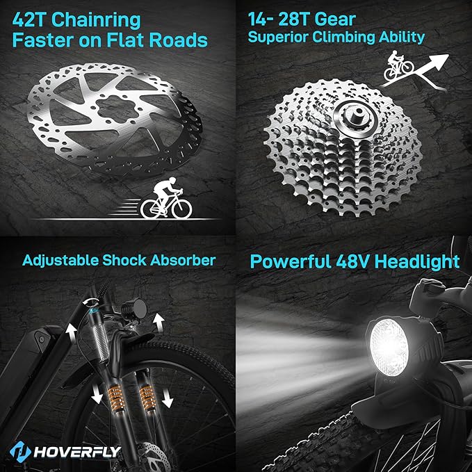 HOVERFLY OUREA 26" Electric Bike for Adults, 750W Peak Motor Mountain Ebike, 20MPH Up to 40 Miles, UL2849 Certified, 7-Speed, Removable Battery, Shock Absorber, Fat Tire Commuter E-Bike