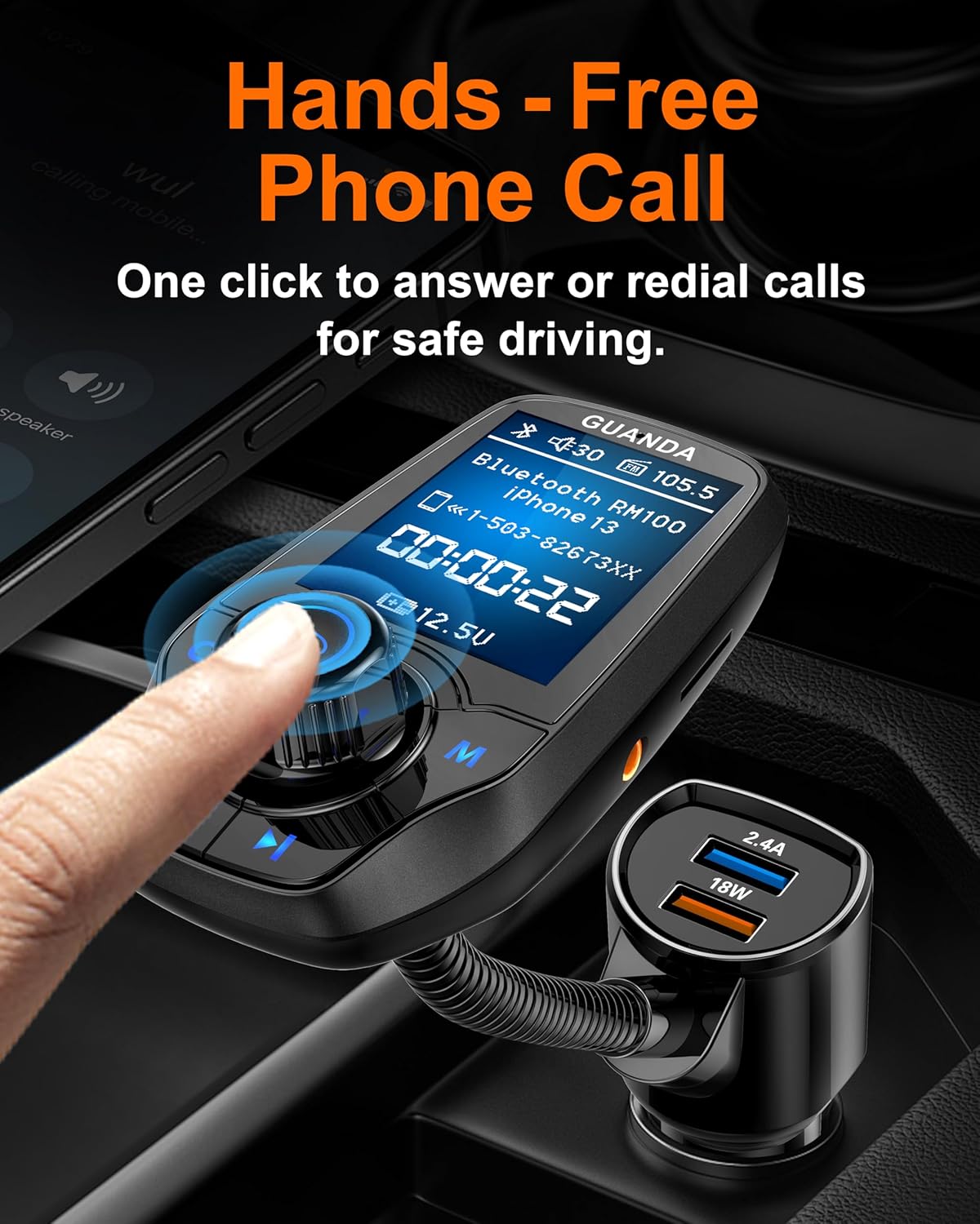 Upgraded Bluetooth FM Transmitter for Car, Wireless Radio Adapter Kit W 1.8" Color Display Hands-Free Call AUX in/Out SD/TF Card USB Fast Charge 18W for All Smartphones Audio Players - Matte Black