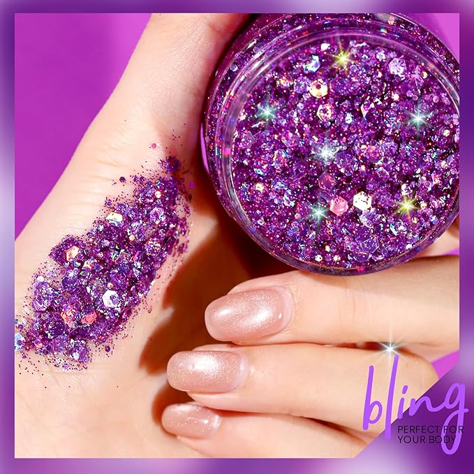 Teenitor Body Glitter, Face Glitter, Hair Glitter Gel, 80g/2.8oz Makeup Rave Purple Glitter Gel for Face and Body