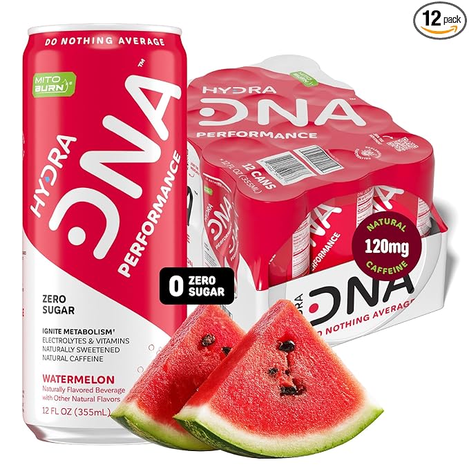 HYDRADNA- Clean Performance Drink, Zero Sugar | For Natural Fuel, Alertness, Boost, Stamina,120 mg Organic Caffeine, Natural Flavors, Zero Sucralose, Clean Ingredients (12 Pack) (12 Pack, Watermelon)