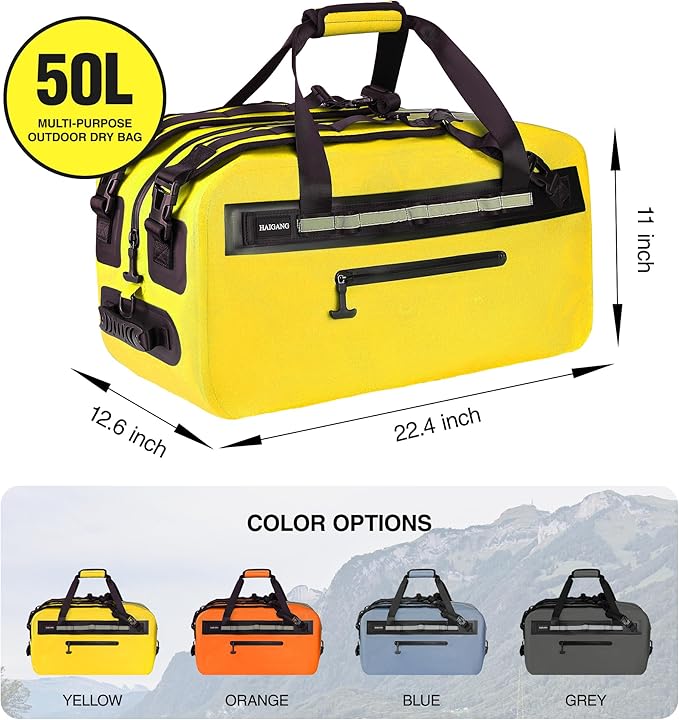 50L Waterproof Dry Duffle Bag Dry Backpack 840D TPU Heavy Duty Dry Bag,Rubber Airtight Zipper, for Kayaking,Boating,Motorcycling,Camping,Rafting,Surfing, Swimming,Fishing,Yellow