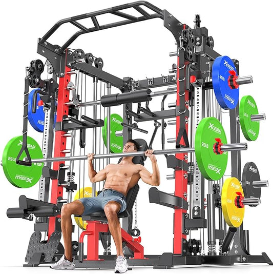 Smith Machine Power Rack Multifunctional Power Cage Deep Squat Rack Cable Crossover System Selectable More Training Attachment for Garage & Home Gym