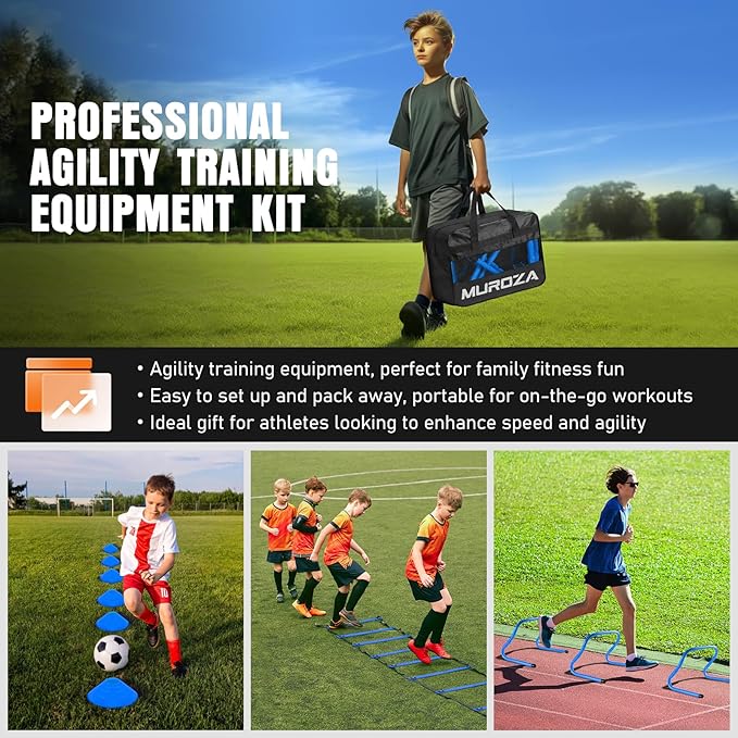 Agility Ladder, Speed Training Equipment Set, 20ft Agility Ladder, 12 Soccer Cones, 4 Hurdles, Jump Rope, Running Parachute, Basketball Football Soccer Training Equipment for Kids, Youth, Adults