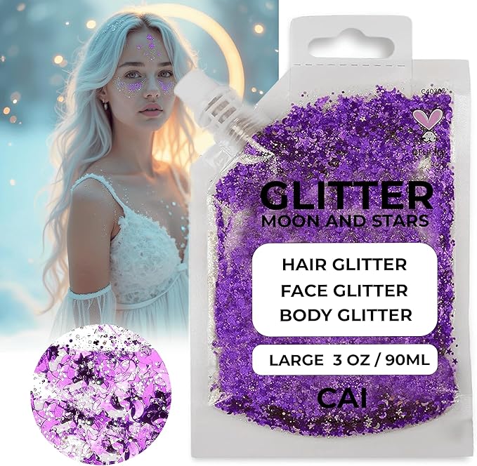 Hair Glitter Gel – Body Glitter for Kids and Women – Iridescent Cosmetic-Grade Gel w/Moon & Stars for Hair, Body & Face, Applies Smoothly w/o Glue & Washes Off Easily, 3 Oz - Purple/Silver 2Pack