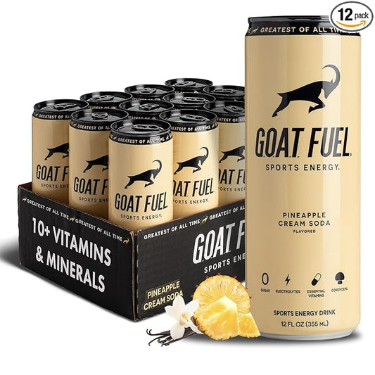 G.O.A.T. Fuel Energy Drink, Co-Founded by Jerry Rice, Natural Caffeine, Electrolytes, BCAAs, Cordyceps Mushrooms & Antioxidants, Light Carbonation Pre Workout, 12 Pack, 12 FL Oz, Pineapple Cream Soda