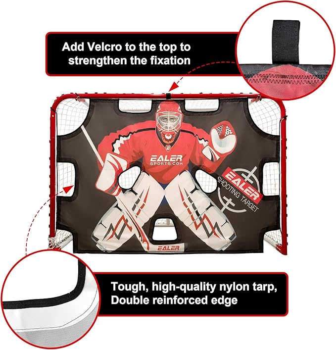 EALER Hockey Goal with Shooting Targets – 6′×4′ Portable Street & Ice Goal, Heavy-Duty 2″ Steel Frame, 11 Target Holes, Tear-Proof Fabric, Official Size, Easy Backyard Assembly