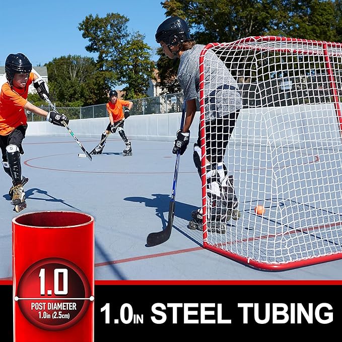 EALER Hockey Goal with Shooting Targets –54"×44" Portable Street & Ice Goal, Heavy-Duty 1″ Steel Frame, 5 Target Holes, Tear-Proof Fabric, Official Size, Easy Backyard Assembly