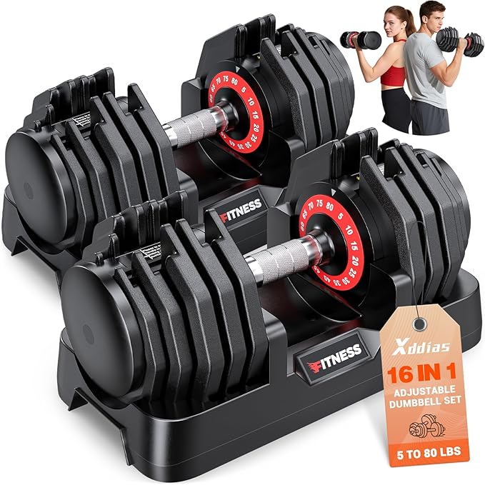 XDDIAS Adjustable Dumbbell Set of 2, 25/55/80LB Dumbbell Set-1Sec Adjustable Weights-5/10 in 1 Free Weights Dumbbells Set with Effortless Tray/No-Slip Handle-Compact Size for Women/Men at Home Gym